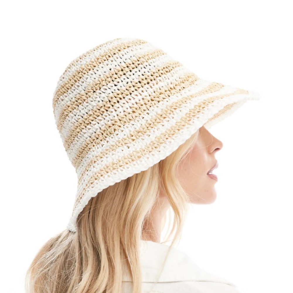 Accessorize stripe straw bucket hat in white/natural NWT